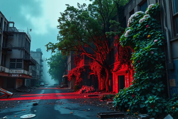 Abandoned urban street with red glow, overgrown vegetation, and eerie atmosphere.
