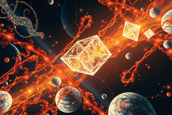A cosmic scene with glowing geometric structures, swirling energy tendrils, and planets in space.