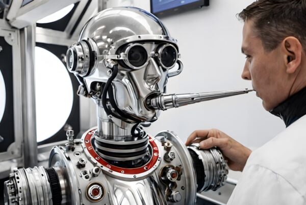 Scientist examining humanoid robot in lab.