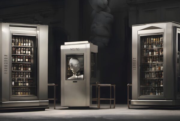 Futuristic vending machines with jars and mannequin.