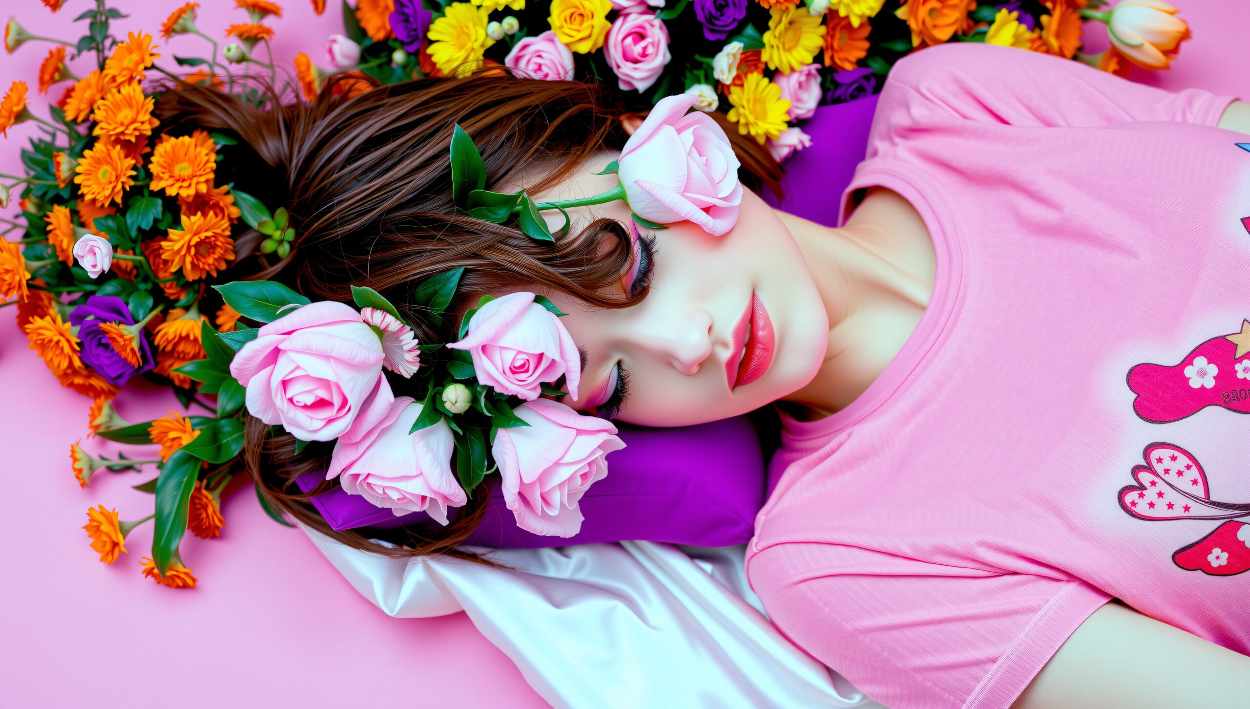 Colorful Portrait with Pink Roses