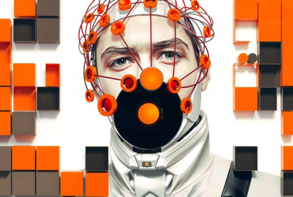 Futuristic humanoid with orange cubes and headpiece.