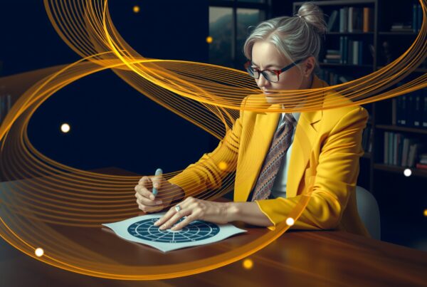 A professional woman studies a circular chart amid swirling digital patterns in a dimly lit library setting.