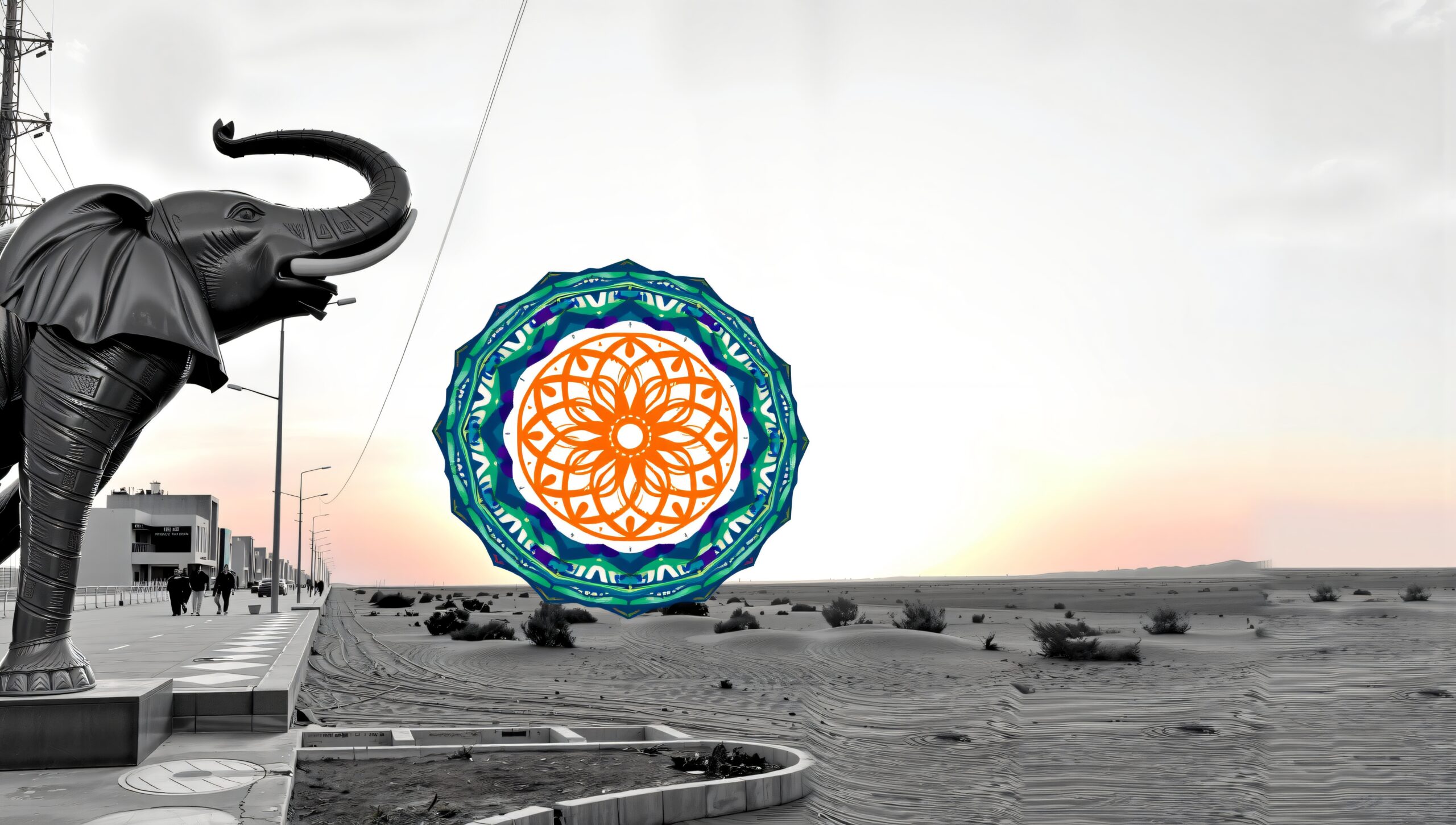 Elephant Sculpture in Desert Sunset