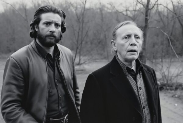 Two men stand in a desolate, wooded area in winter.