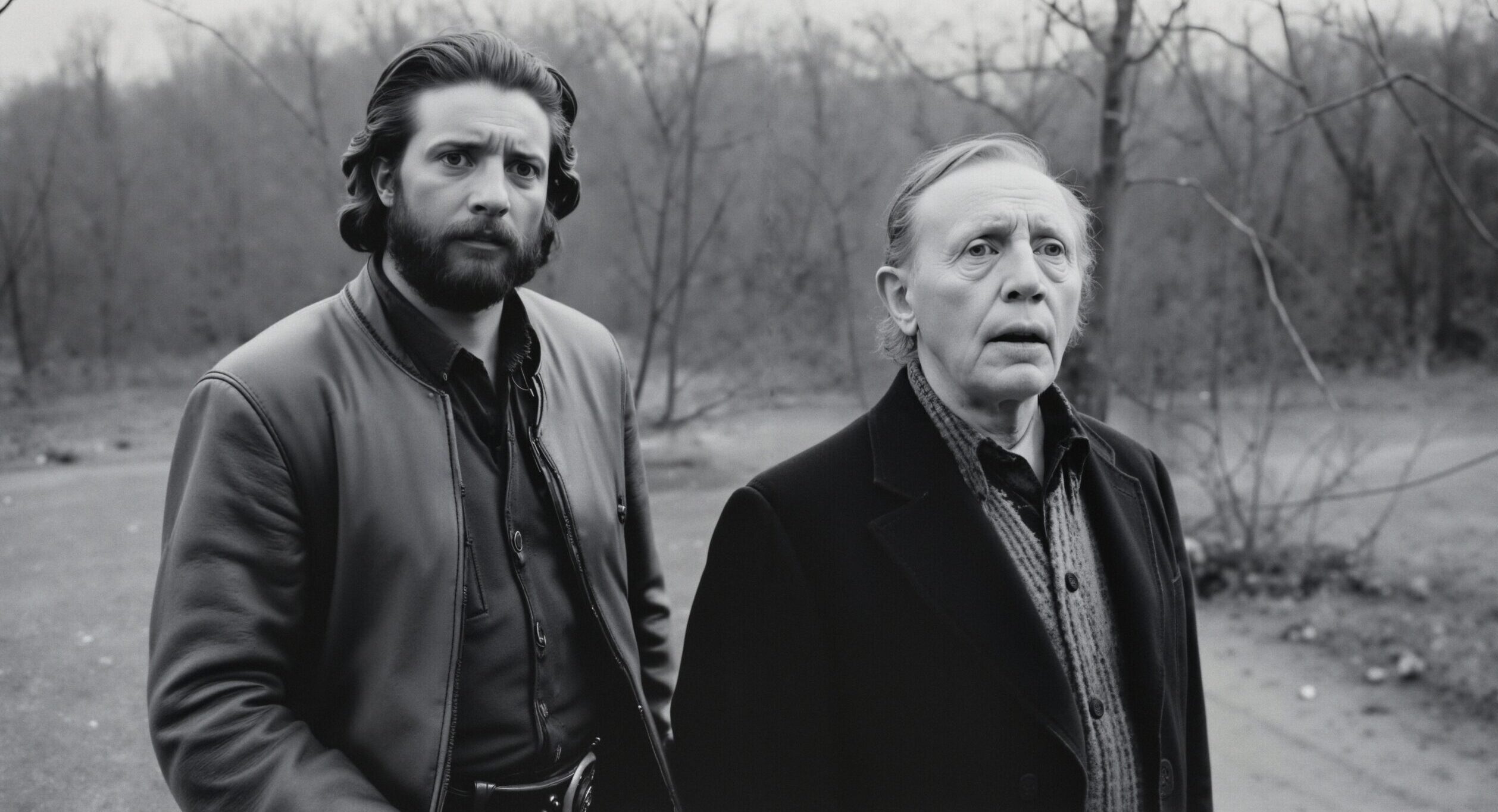 Men Contemplate in Winter Woods