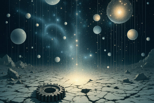 Surreal cosmic landscape with floating planets, cracked earth, central gear, starry sky, sci-fi art