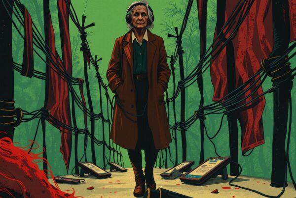 Woman in surreal forest scene.