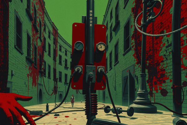 A surreal street scene with an unusual, central mechanical structure