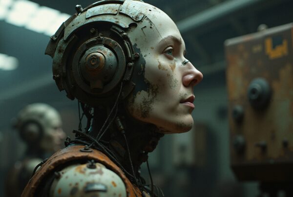 Cyberpunk robot in rusty factory environment