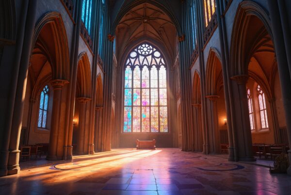 Serene Gothic cathedral interior illuminated by colorful stained glass sunbeams