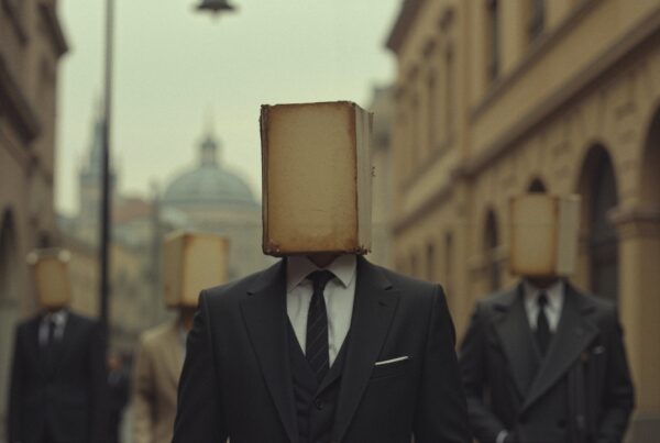 Men in formal suits with books as heads walking through historic city street