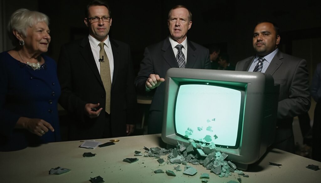 Business Executives Gather Around Damaged Vintage Television in