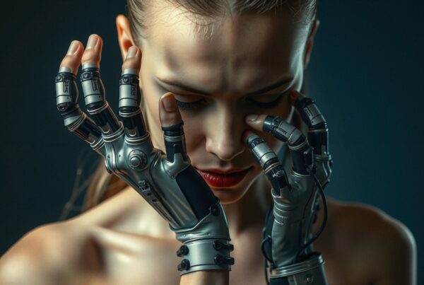 A woman with robotic prosthetic hands meditates, symbolizing human and technology fusion.