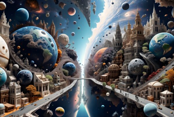 Surreal cosmic cityscape featuring floating planets, twin architectural realms divided by glowing rift, AI-generated fantasy artwork