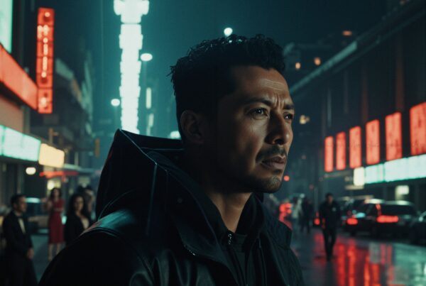 Pensive night in neon city.