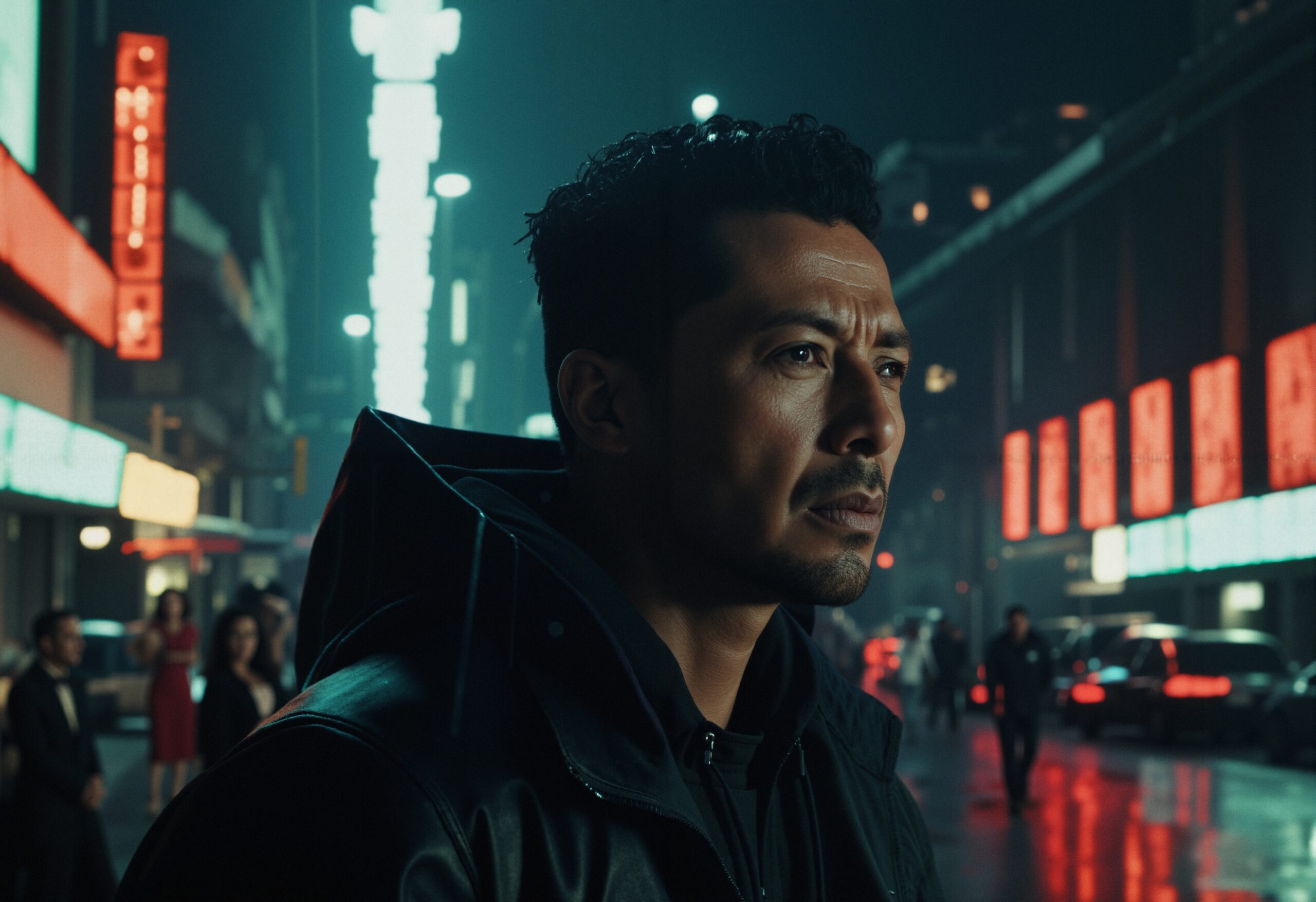 Pensive night in neon city