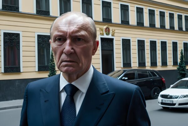 Elderly man in formal suit standing on urban street.