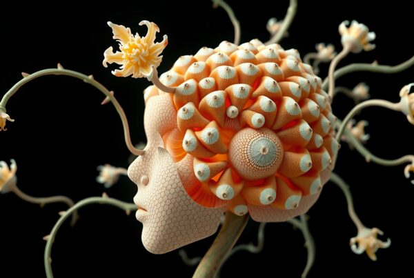 A surreal human head intertwined with floral and tendril elements against a black background.