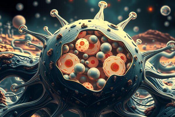 Futuristic abstract cell with intricate details and vivid colors.