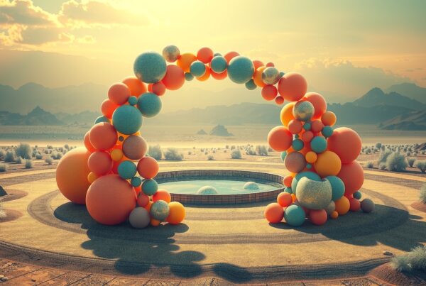 Colorful spheres archway in desert landscape with mountains under bright sky.
