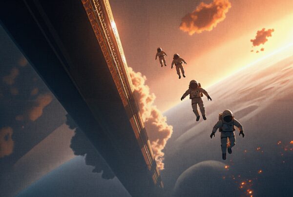 Astronauts floating near a futuristic space station, illuminated by glowing sunlight with clouds below, in a serene space exploration scene.