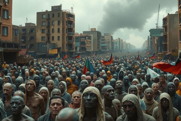 Massive crowd fills a street during a protest with flags under cloudy sky.
