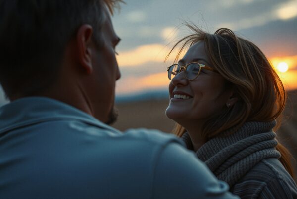 A couple sharing a tender moment at sunset, with warm smiles and the picturesque sky in the background.