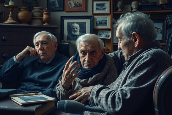 Three elderly men in deep conversation surrounded by vintage decor; warm, cozy atmosphere suggests nostalgia and wisdom sharing.