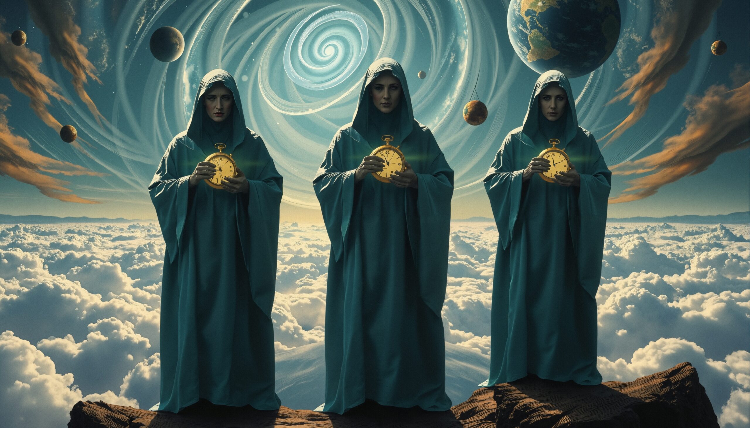 Mystical Figures with Golden Clocks