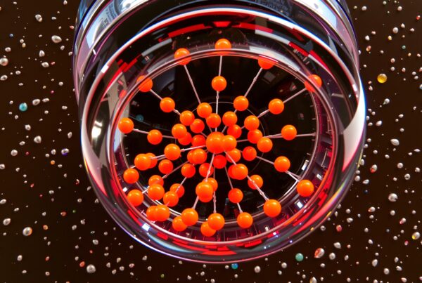 Futuristic design with orange spheres in metallic structure.