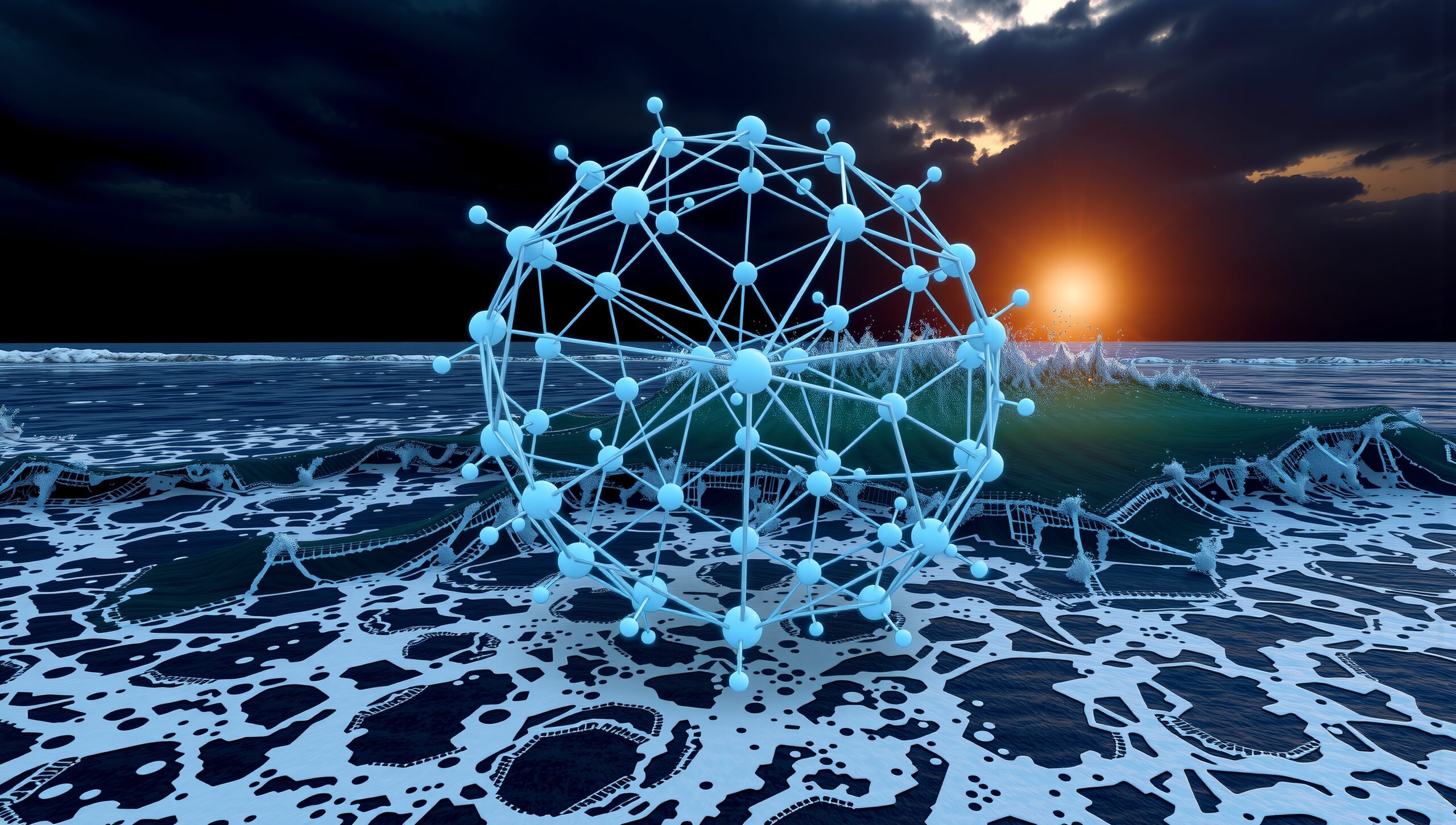 Futuristic Ocean Network at Sunset