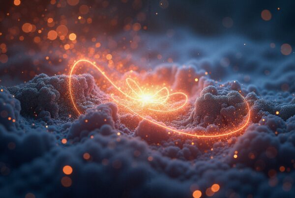 Surreal digital artwork depicting glowing orange light swirling amidst abstract cloud formations with a deep blue background.