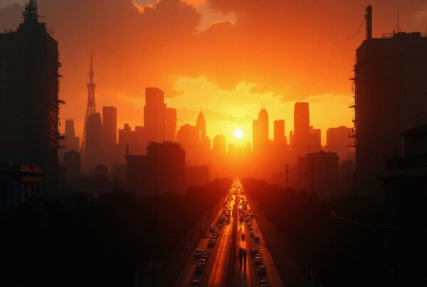 A breathtaking sunset illuminates a bustling city, silhouetting skyscrapers and filling the sky with warm hues.