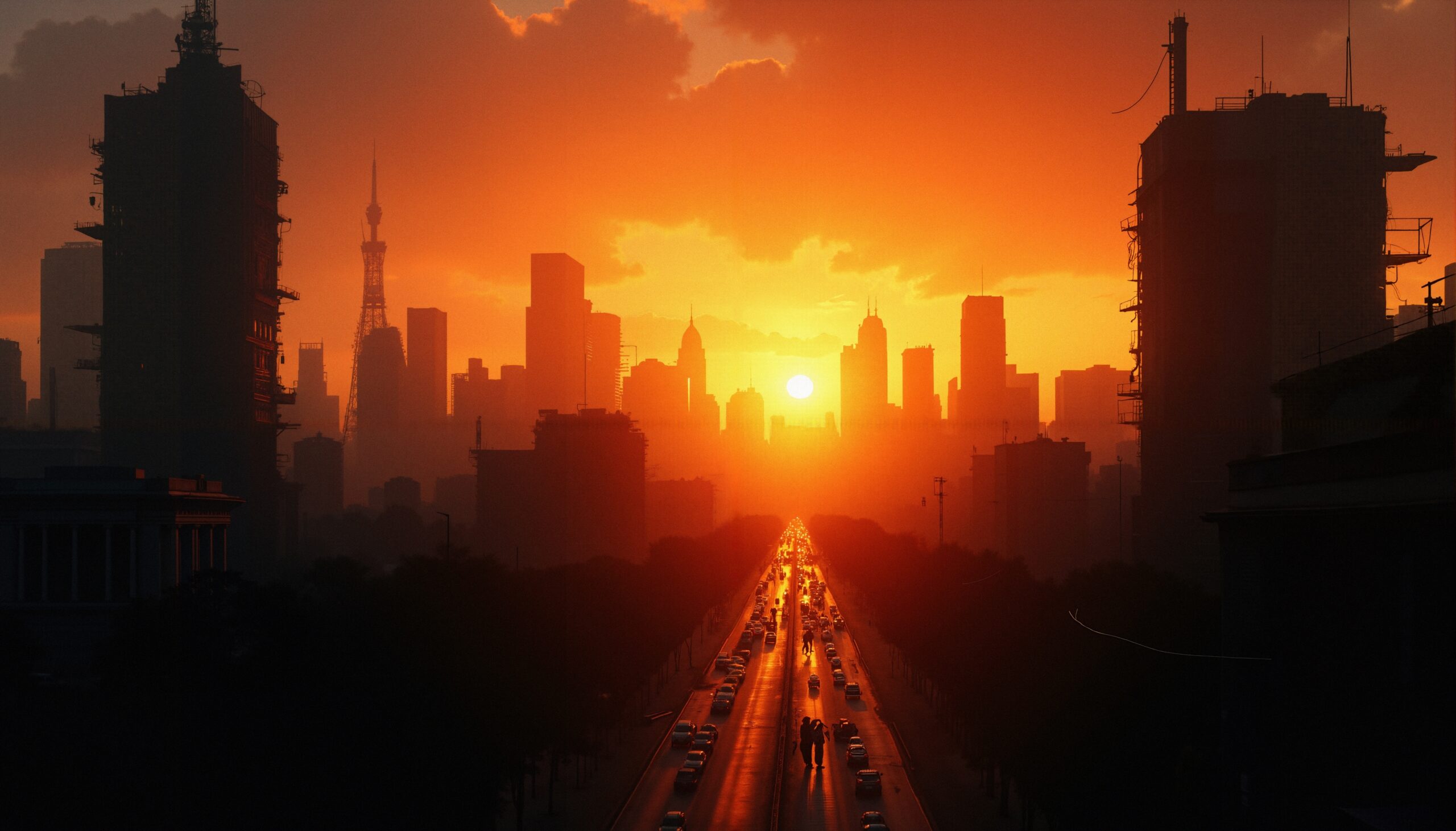 Sunset over a bustling cityscape