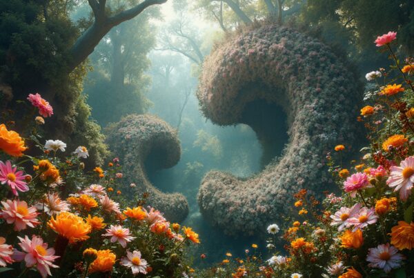 Image of a whimsical forest with vibrant flowers and unique spiral trees creating a magical atmosphere.