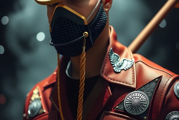 A person in a futuristic outfit with an intricate mask and headgear stands in a dramatic, mysterious setting.