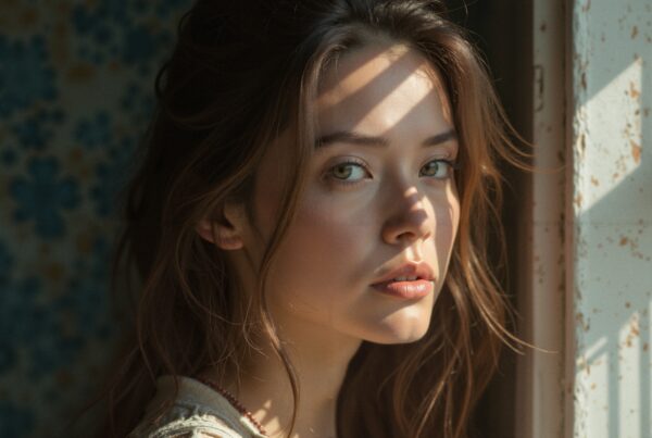 Young woman in sunlight by window, creating serene portrait.