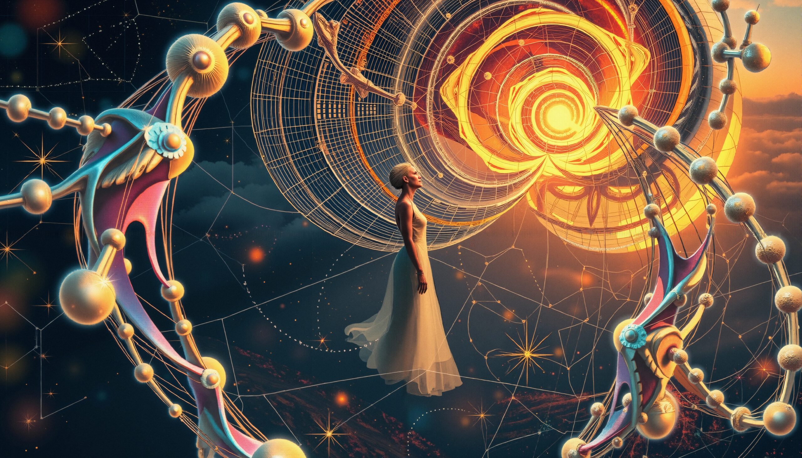 Woman Floating Amid Cosmic Structures