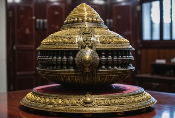 Ornate golden artifact displayed in a dimly lit room with rich wooden furnishings, emphasizing its antique elegance and intricate design