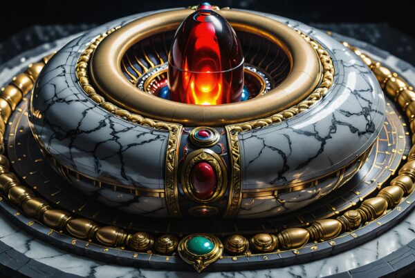Intricate marble and gold structure with red gemstone.