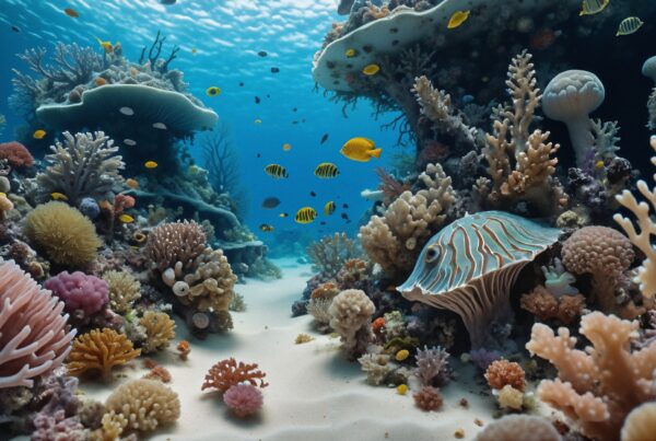 A vibrant underwater coral reef teeming with colorful fish and diverse marine life in clear blue waters.
