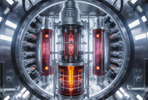 Futuristic reactor core glowing with intense red-orange light in high-tech industrial facility