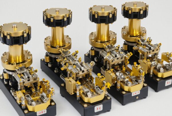 A set of gold and black precision-engineered components with intricate designs, showcasing advanced mechanical craftsmanship.