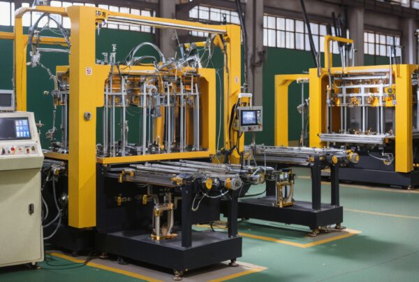 Modern industrial machines in a factory with automated control panels and metal components.