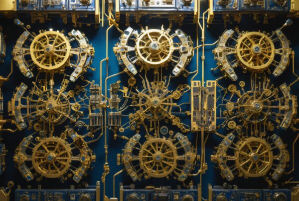 Close-up of intricate golden mechanical gears on a blue background, showcasing a detailed steampunk design and craftsmanship.