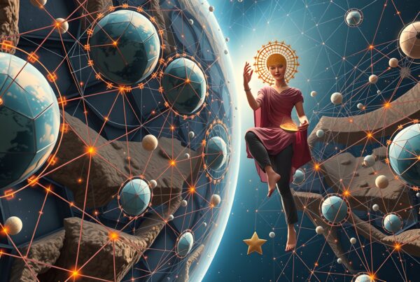 A celestial deity amidst cosmic orbs, symbolizing interconnectedness in a surreal universe.