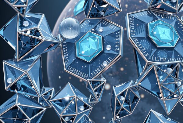 Futuristic geometric crystal structures in space background.