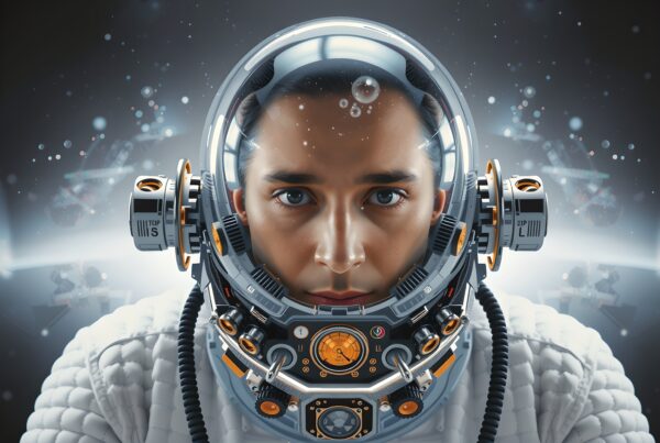 Close-up view of a futuristic astronaut helmet showcasing advanced technology with focus on intricate details.