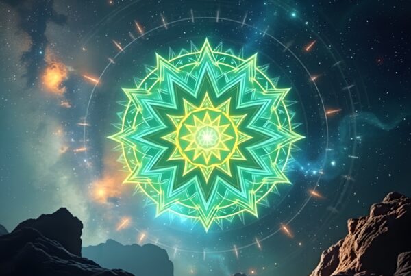 Glowing geometric mandala in space, set against a starry cosmic backdrop with alien terrain below.